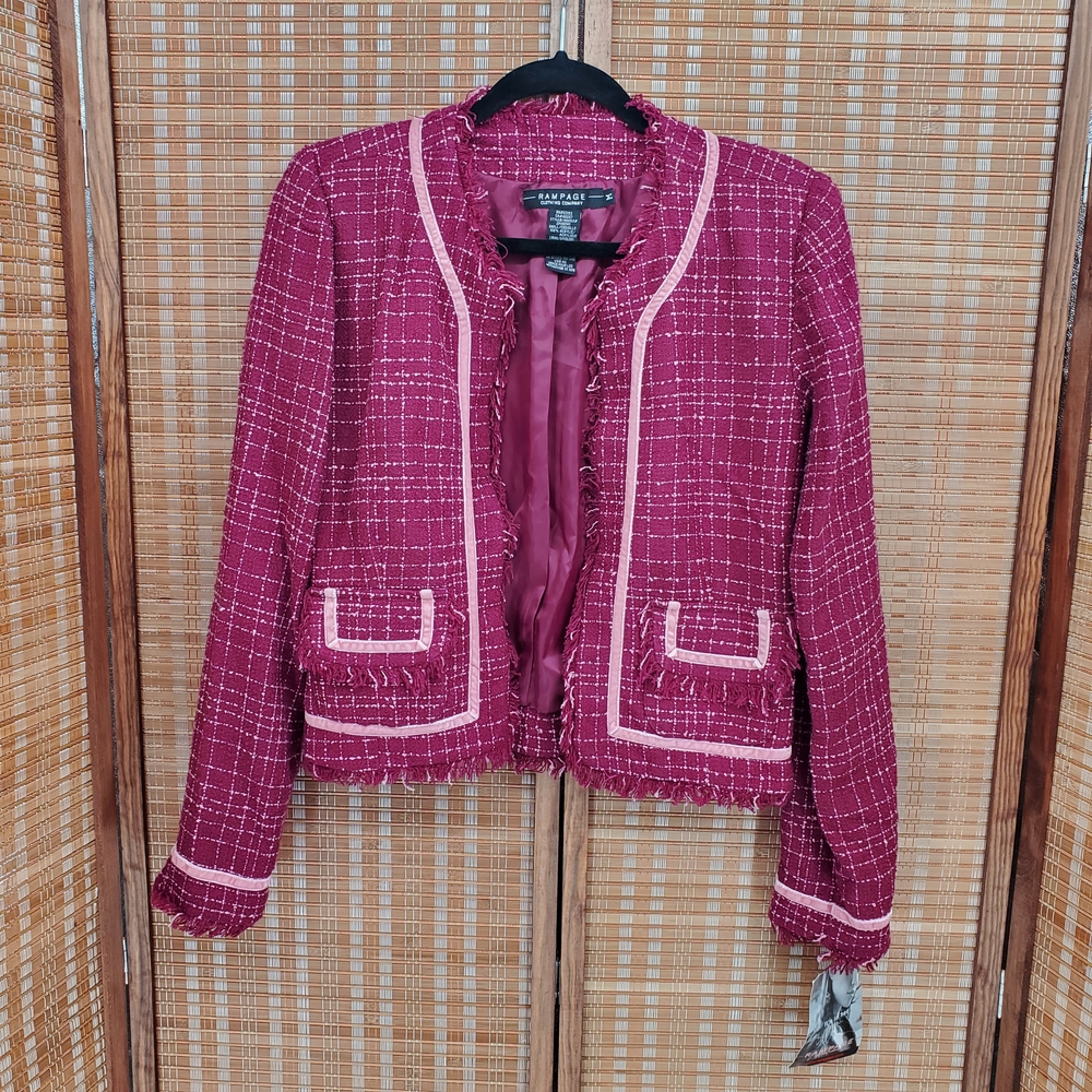 ◇ Rampage Dark Pink Tweed Fringe Blazer Size Medium NWT